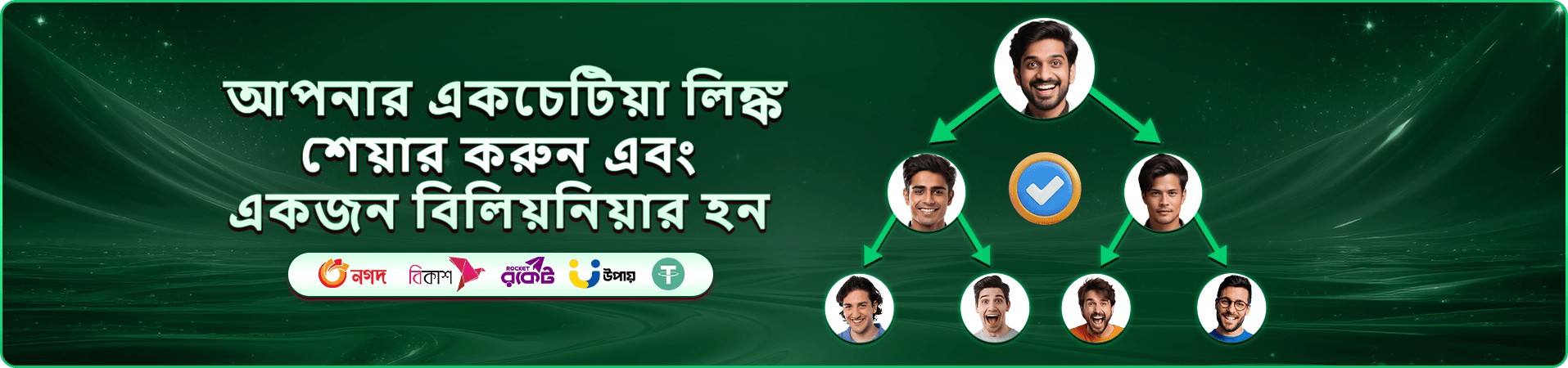 ceo bet365 রেফারেল ব্যানার—বন্ধুদের সঙ্গে শেয়ার করে পুরস্কারের পিরামিড ছবি, পাশে নগদ, রকেট ও উপায় পেমেন্ট লোগো